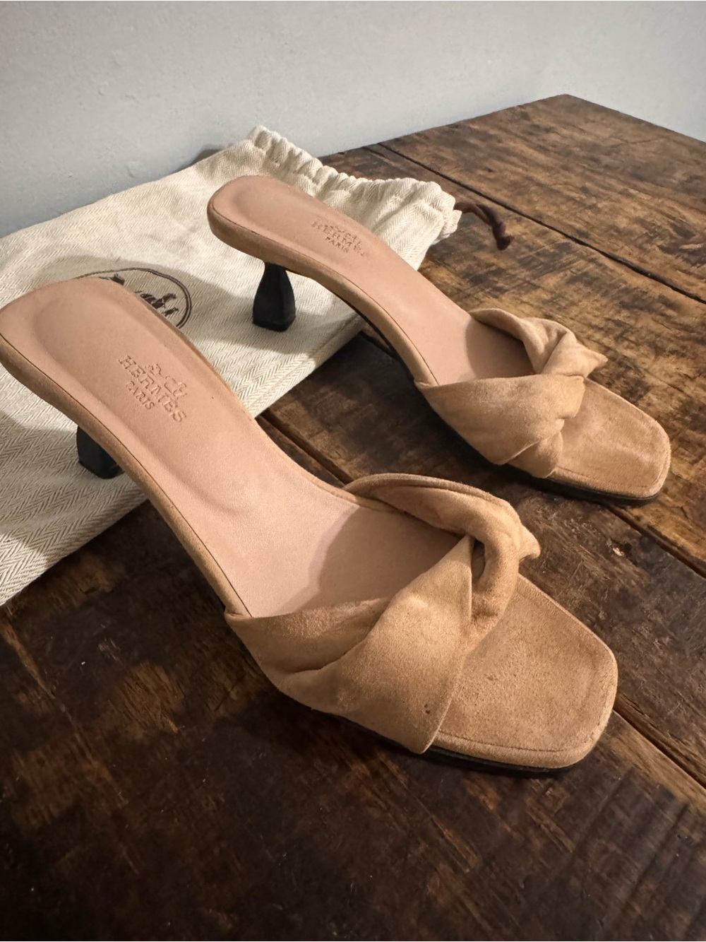 Hermes Ginny 55 Suede Goatskin Sandals In Tan